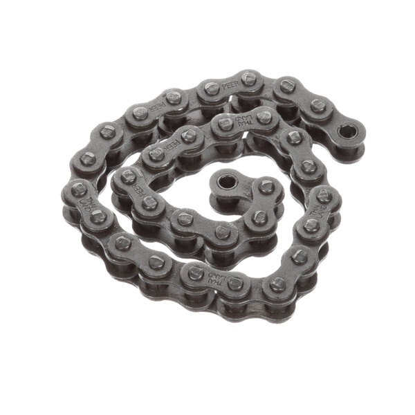 A close-up of a black chain with two holes on it.