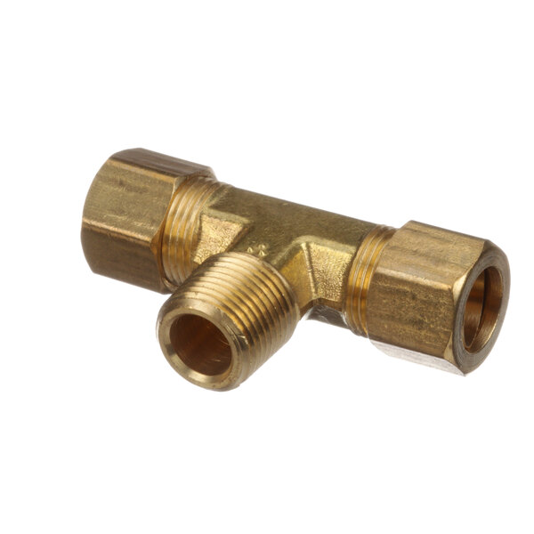 A brass Blakeslee tee fitting with threaded ends.
