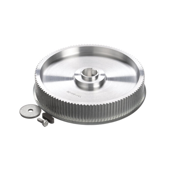 A silver metal InSinkErator auger pulley with screws.