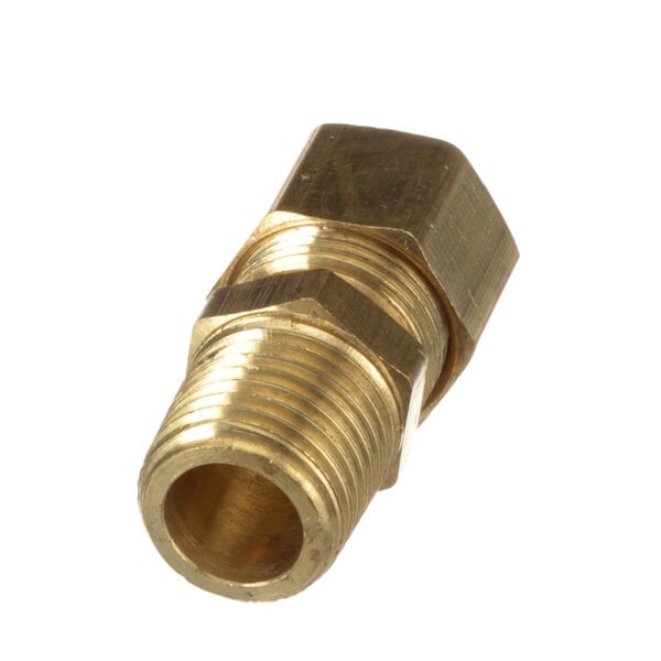 A brass threaded male connector on a white background.