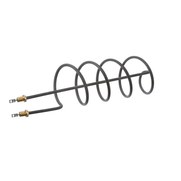 A black metal wire with two black coils and gold connectors.