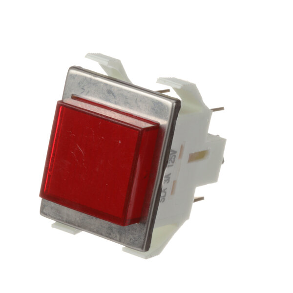 A Cleveland 19978 square push button switch with a metal frame and red button.