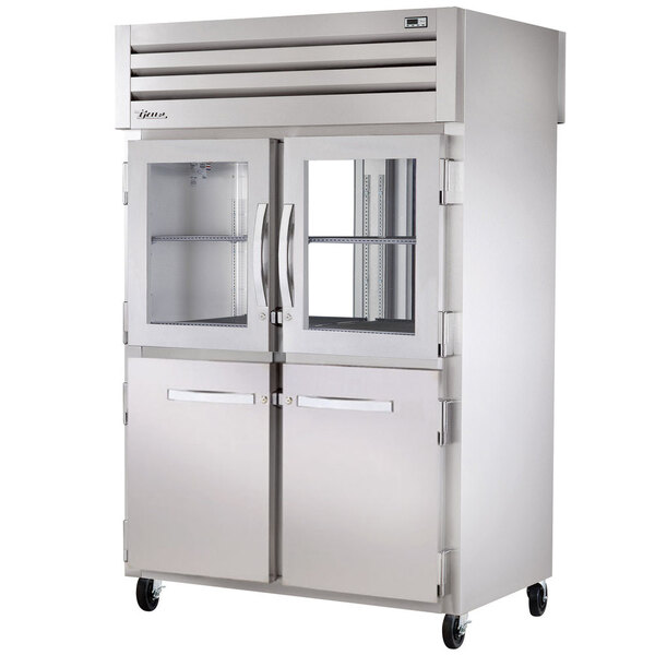 A True Spec Series pass-through refrigerator with half glass front and full glass back doors.