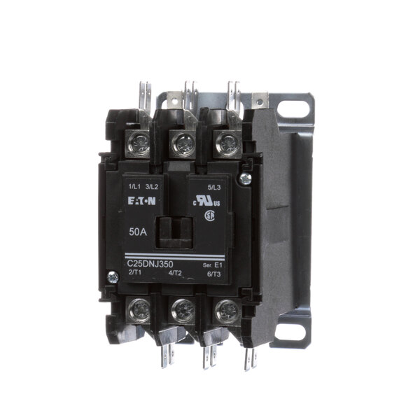 A close-up of a Groen 145081 contactor, a black electrical device with metal wires and three switches.