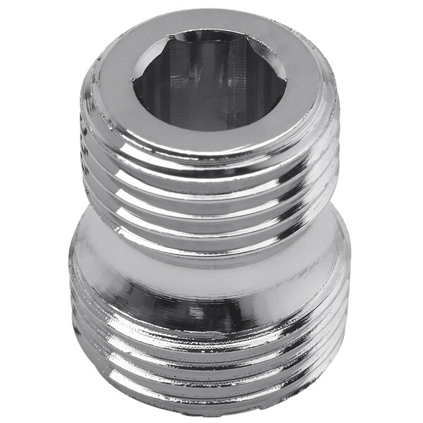 A T&S stainless steel male adapter for a pipe with threads.
