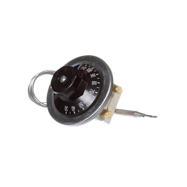 A Franke commercial refrigeration thermostat with a round black and white dial and a metal cap.