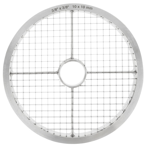A round metal Hobart dicing grid with a grid pattern.