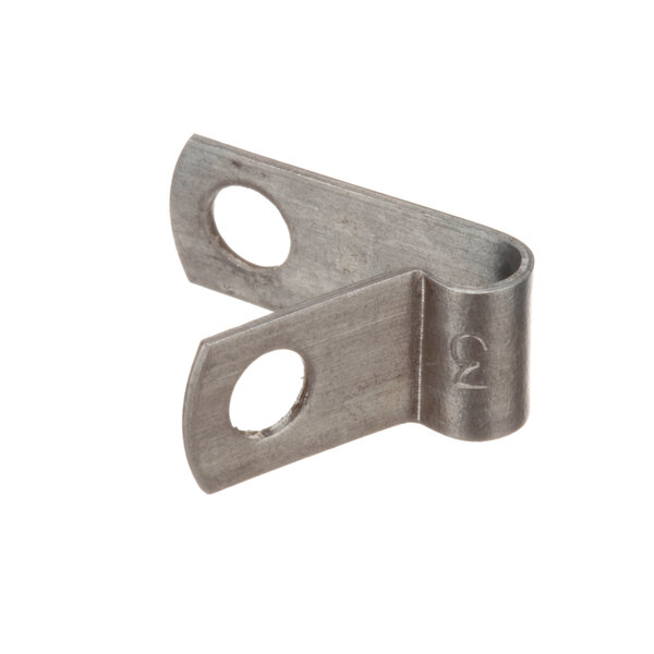 A metal clip for tubing with holes in it.