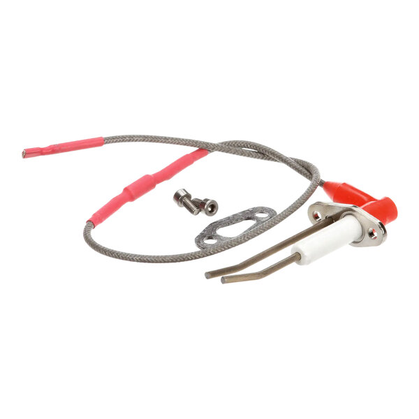 A red and white metal and silver wire with a red and white connector.