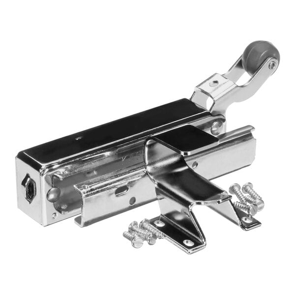 A chrome Thermo-Kool door closure latch with a handle and screws.