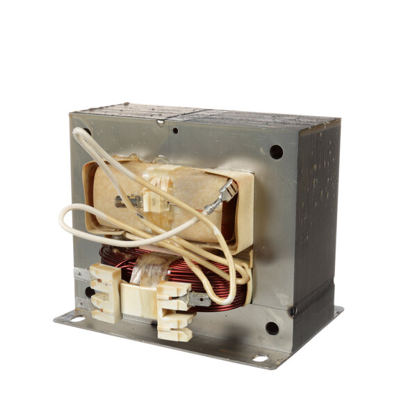 A Merrychef high voltage transformer in a metal box with wires.