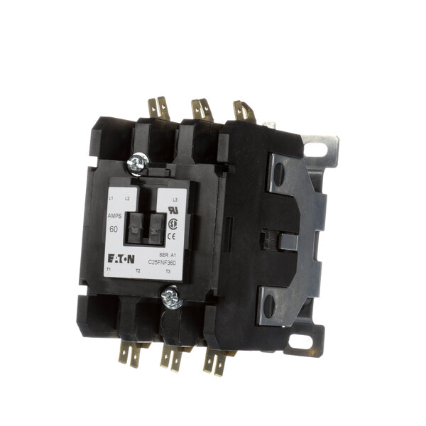 A black and silver Hubbell contactor with two switches and two wires.