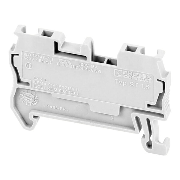 A grey and white Convotherm feed-through terminal block with text.
