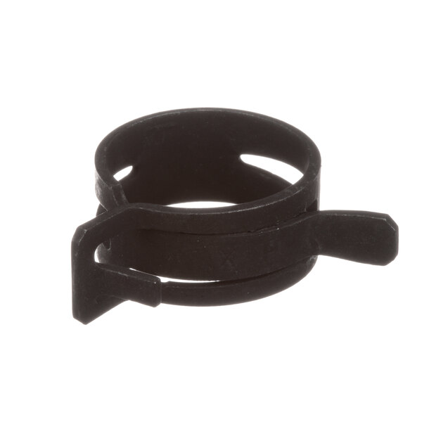 A black rubber ring with two metal clips.