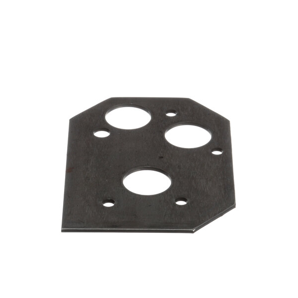 A black metal hexagon shaped plate with holes.