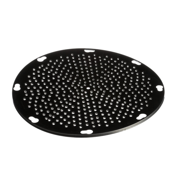 A black metal Blakeslee grater plate with holes.