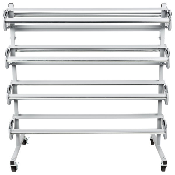 A white metal Bulman horizontal paper rack with wheels.