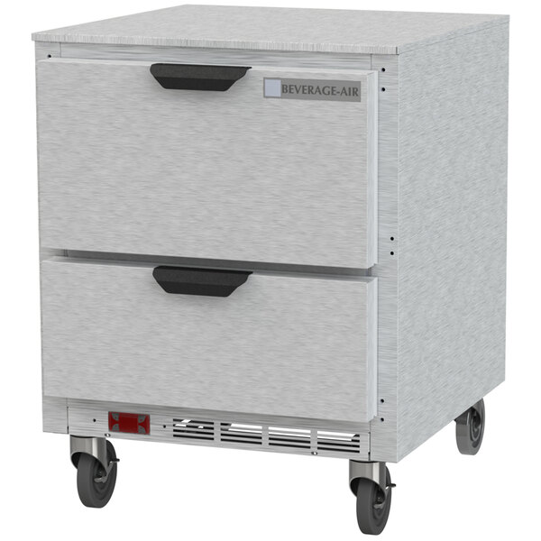 A stainless steel Beverage-Air undercounter refrigerator with two drawers.