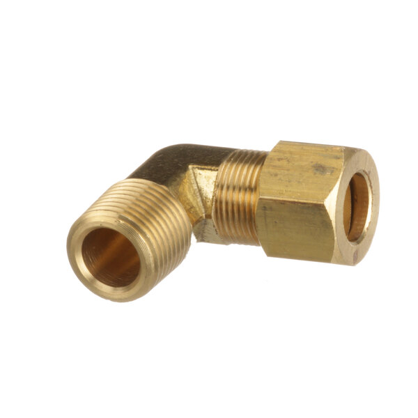 A brass US Range fitting with a 7/16cc to 3/8npt elbow.