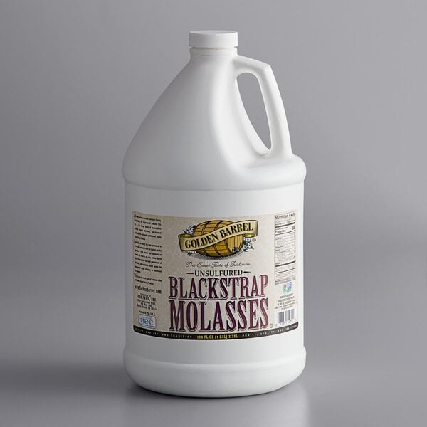 A white Golden Barrel jug with a label reading "Sulfur-Free Blackstrap Molasses" and "1 Gallon"