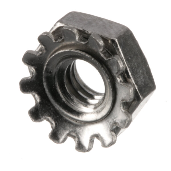 A close-up of a Hobart nut with a black metal gear.