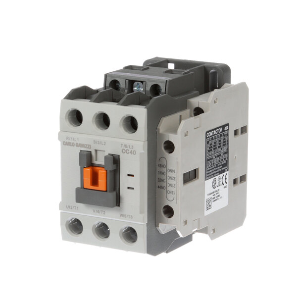 A grey and white Blodgett contactor with orange and black buttons.