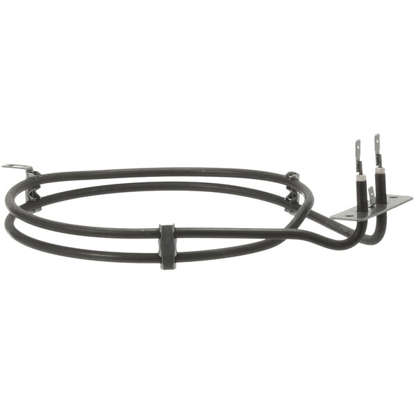 A black metal Cadco convection oven rack with two hooks.