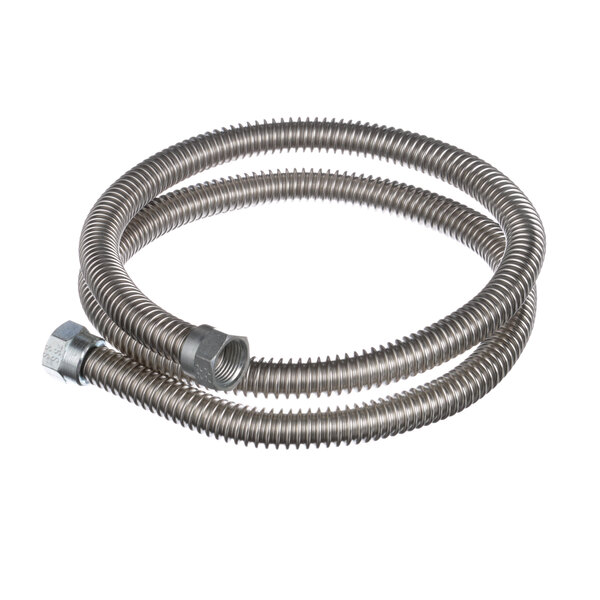 A stainless steel flexible gas hose with a metal nut.