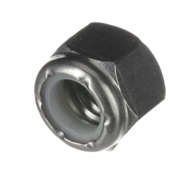 A close-up of a Jackson black metal lock nut with a white ring.