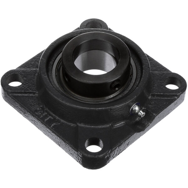 A black cast iron Stero flange block bearing with a metal ring with a hole.