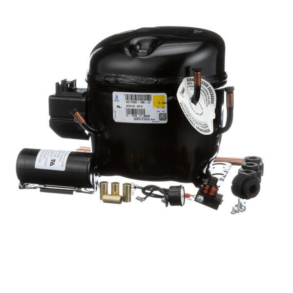 A black Randell refrigeration compressor with wires and screws.