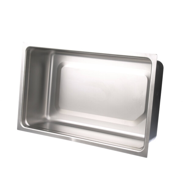 A stainless steel rectangular pan without a drain on a white surface.