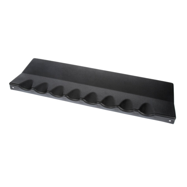 A black plastic molded splash shield with holes and a long curved edge.
