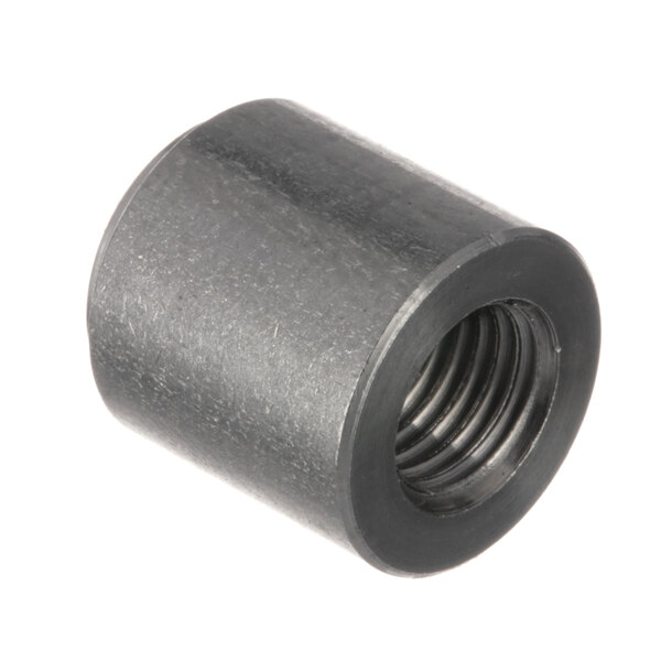A close-up of a black metal cylinder with a threaded nut.