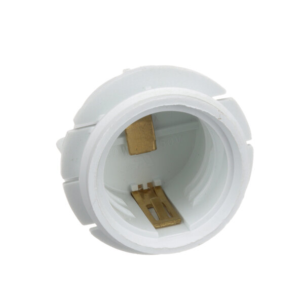 A white plastic round lamp holder with gold metal parts.