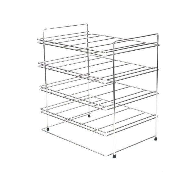 A Delfield metal rack with four shelves.