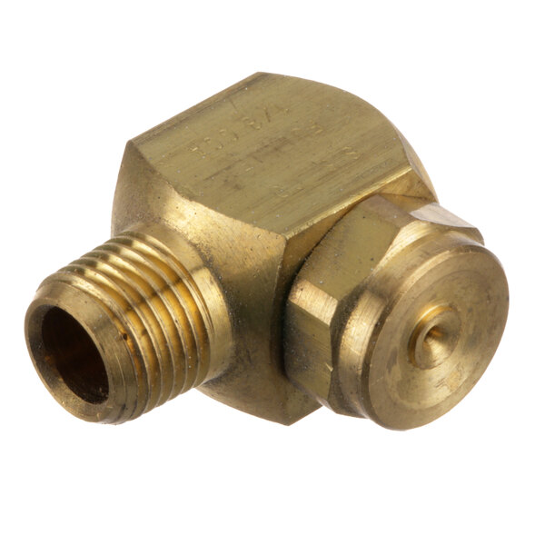 A brass threaded pipe fitting with a nut for an Avtec 90 Degree Wash Nozzle.