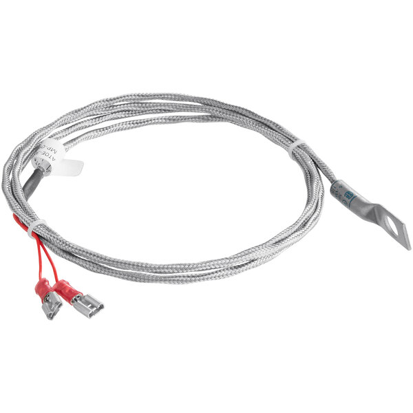 A close up of a Accutemp sensor cable with two red wires and a silver connector.