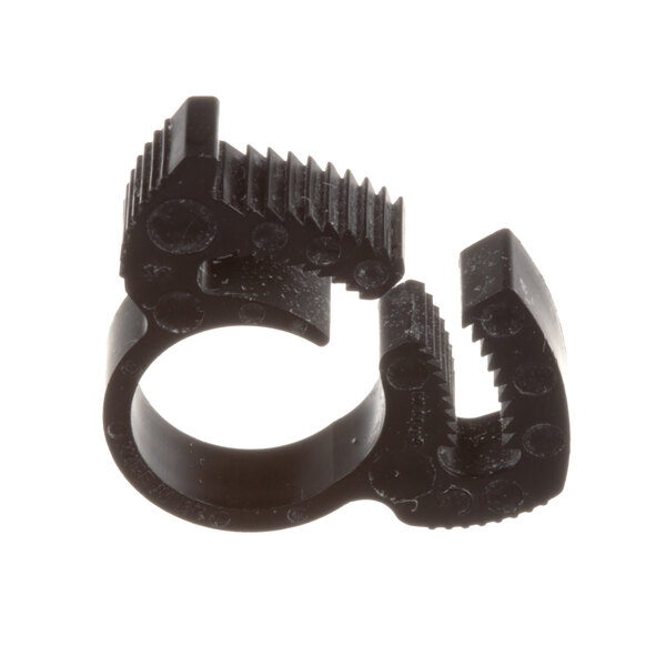 A black plastic Accutemp hose clamp with two teeth on it.