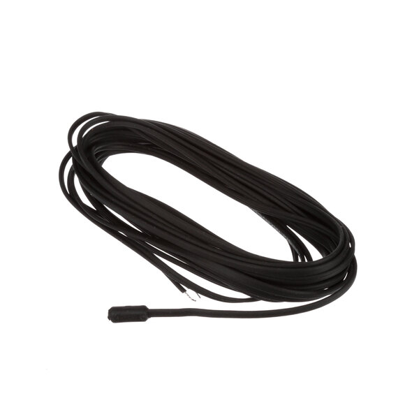 A black cable with white cord on a white background.