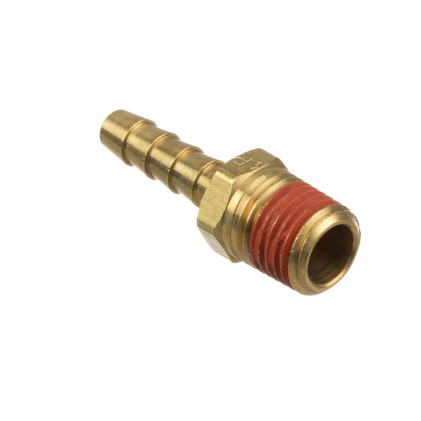 A close-up of a brass Cleveland hose fitting with a threaded end.