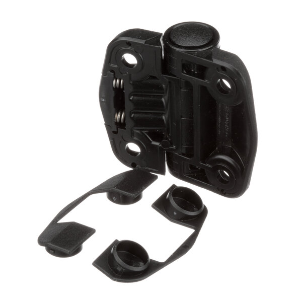 A black plastic hinge set with two screws.