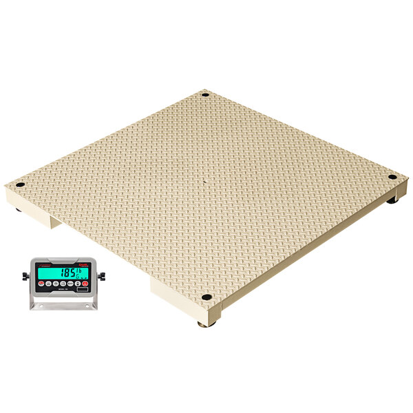 A white Cardinal Detecto floor scale with a white metal surface and a digital display.