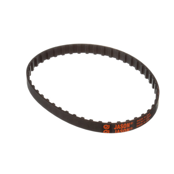 A black drive belt with an orange stripe and text.