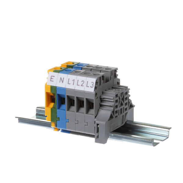 A close-up of a grey and colorful US Range terminal block with two wires connected.