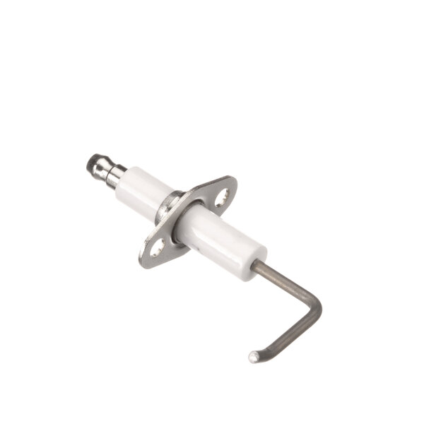 A white and silver metal rod with a white plug on the end.
