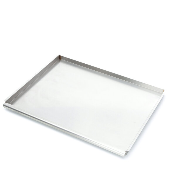 A stainless steel US Range drip tray for a charbroiler.
