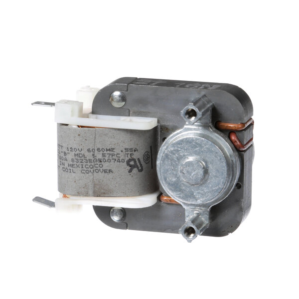 A Beverage-Air evaporator motor with a round metal part.