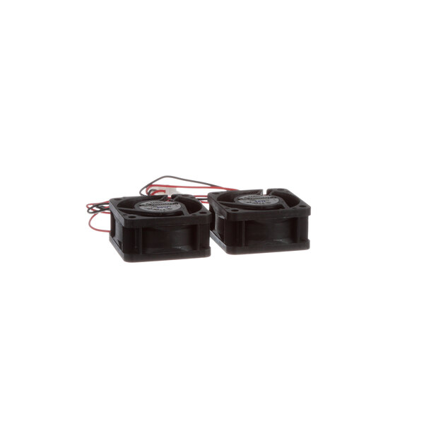 A pair of small black fans with red wires.