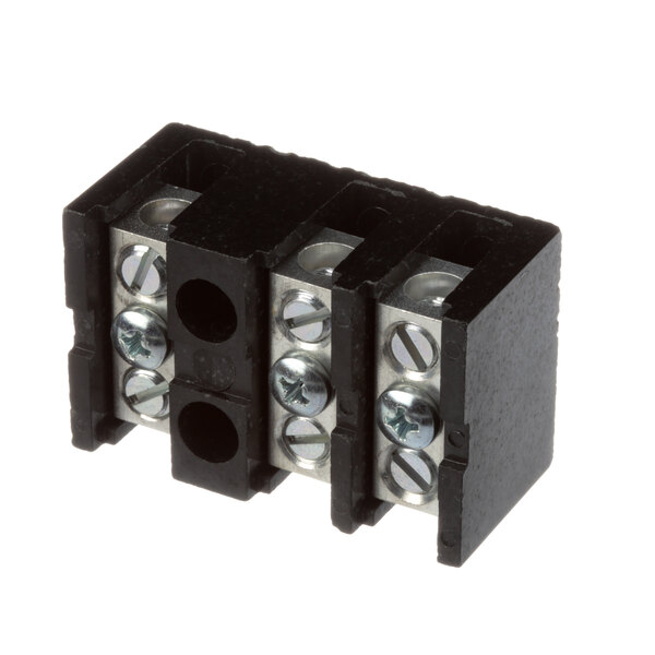 A black Groen terminal block with two holes and metal screws.
